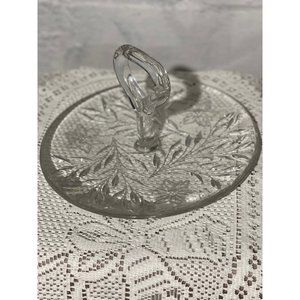 Vintage Clear Glass Tidbits Tray with Handle, Etched Flower Design, 1930's